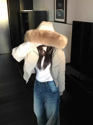 2025年冬季羽绒棉服女短款连帽收腰大毛领小个子加厚保暖外套棉衣