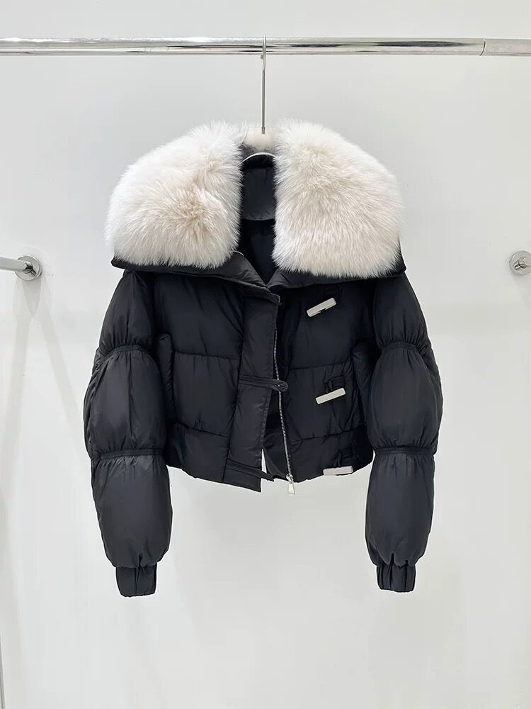 现货发~大毛领牛角扣羽绒棉女短款皮草外套2026冬季新款面包服女