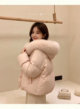 冬季外套女韩版宽松高级感仿狐狸大毛领收腰保暖连帽棉服短款大衣