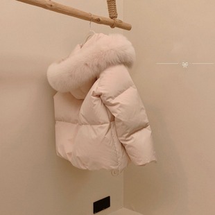 粉色狐狸大毛领连帽短款羽绒棉女2025年冬季韩版宽松加厚保暖外套