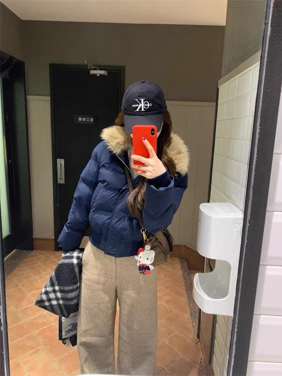 藏青色毛领白鸭绒羽绒服女2025冬季宽松棉衣加厚小个子面包服外套