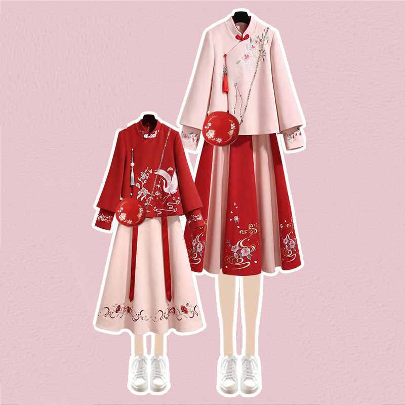 中国风亲子装母女洋气套装中国风过年秋冬唐装母女拜年服秋冬时尚