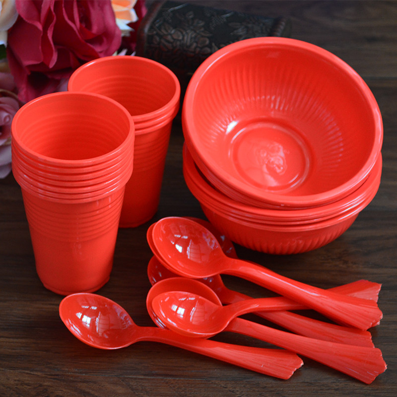 婚宴一次性碗筷杯子勺子结婚用品大全加厚环保塑料酒席喜宴大红色,节庆用品/礼品,创意礼盒/礼品套组,淘宝优惠券,粉丝福利购,淘宝优惠卷