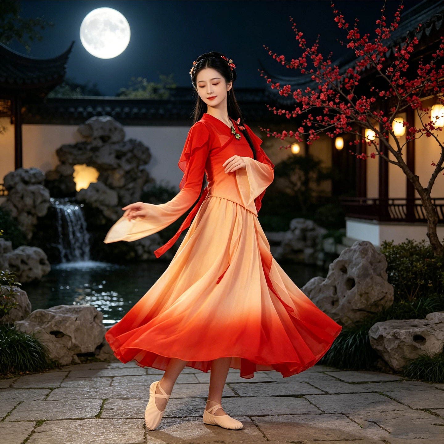 红橙渐变中国舞演出服山河图如愿古典纱衣飘逸成人儿童舞台表演服