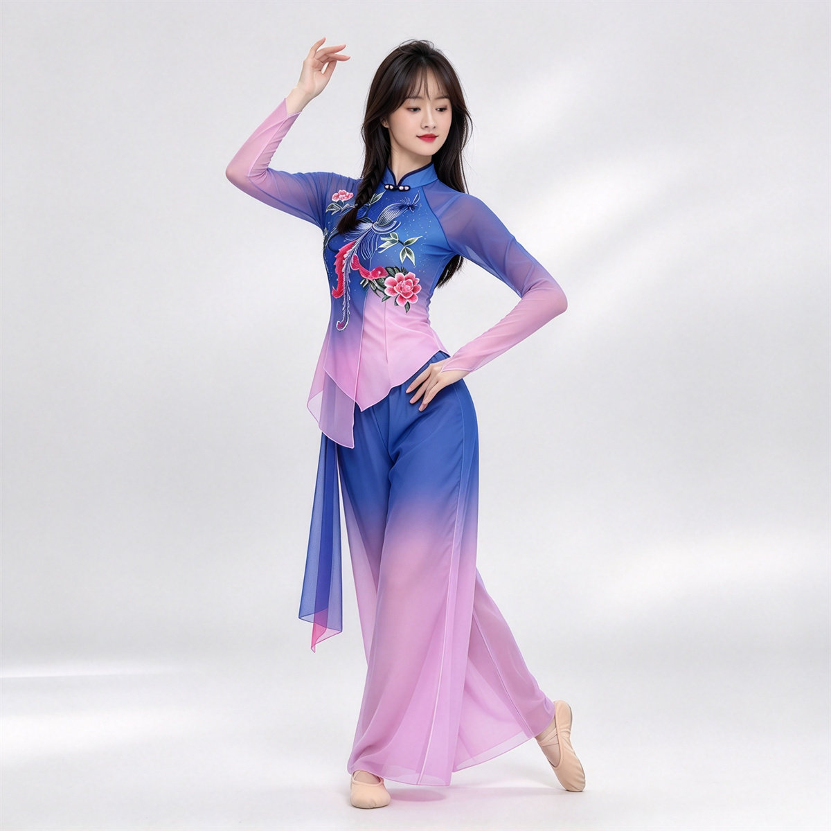 柳梦蝶琵琶曲中国风刺绣渐变舞蹈服女古典秧歌演出服装长袖舞台装
