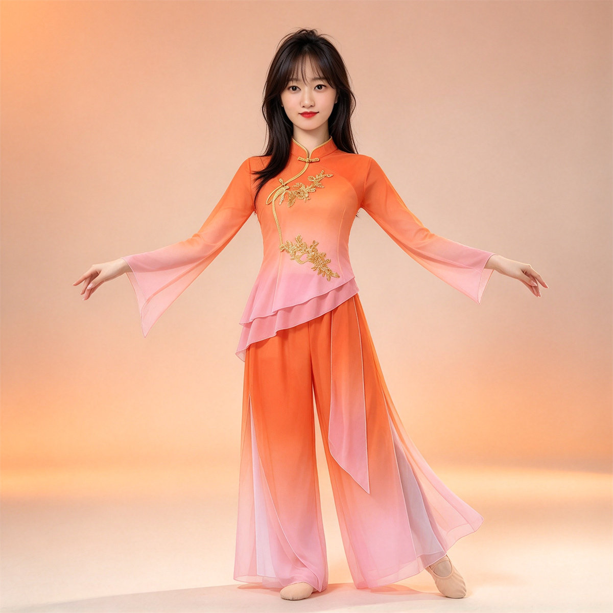 桃花谣琵琶曲中国风刺绣渐变舞蹈服女古典秧歌演出服装长袖舞台装