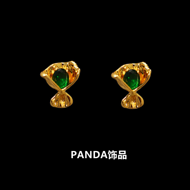 PANDA饰品 小众褶皱手捧花束祖母绿糖果甜酷黄铜925银针耳钉耳环