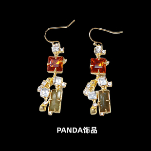 PANDA饰品 设计师款宝石黄铜奢华精致耳环 无耳洞耳夹