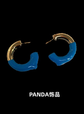 PANDA饰品 欧美复古蓝色拼接C形黄铜925银针耳钉耳环女