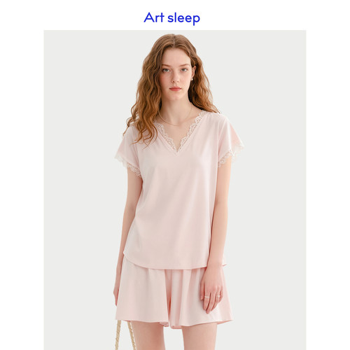 Art sleep「素雅温柔粉」含桑蚕丝睡衣女款夏季短袖V领蕾丝带胸垫
