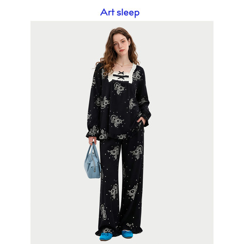 Art sleep「复古腰果花」带胸垫睡衣女春秋季长袖黑色纯棉公主风
