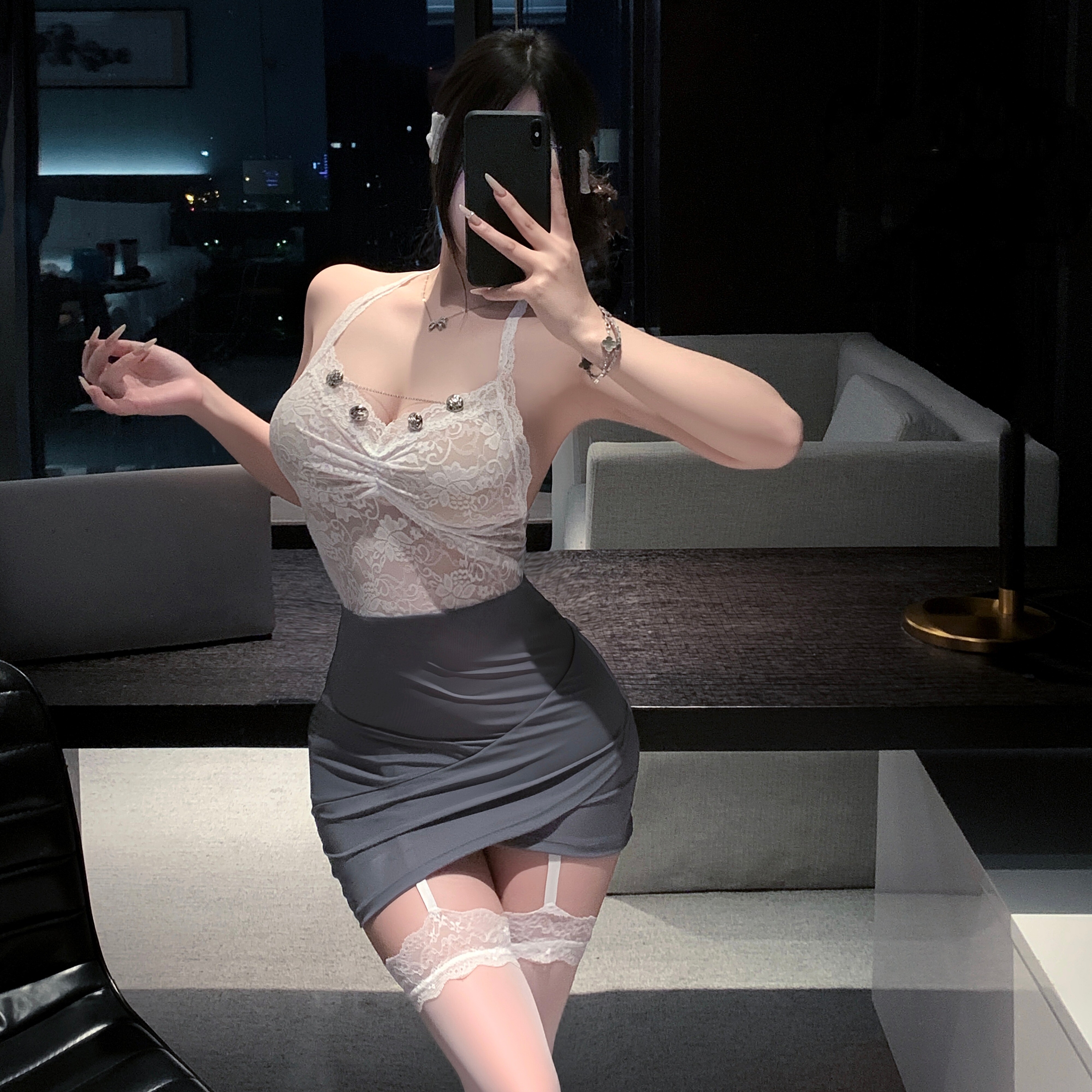 性感纯欲蕾丝印花透视OL秘书包臀连身裙御姐情侣约会制服晴趣qqny