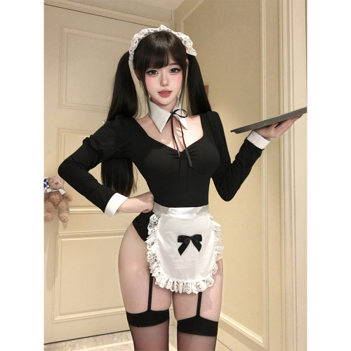 性感纯欲黑色显瘦长袖女仆连体衣cos角色扮演约会制服晴趣qqny