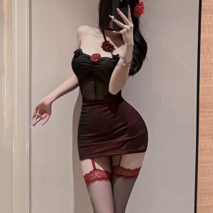 性感纯欲暗夜玫瑰辣妹御姐透视胸垫网纱包臀裙睡衣制服晴趣qqny