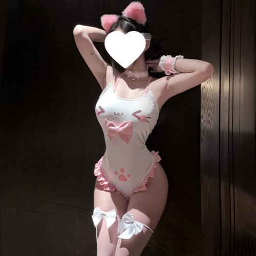 性感纯欲蝴蝶结猫咪带胸垫可爱连体衣小胸情侣约会制服晴趣qqny