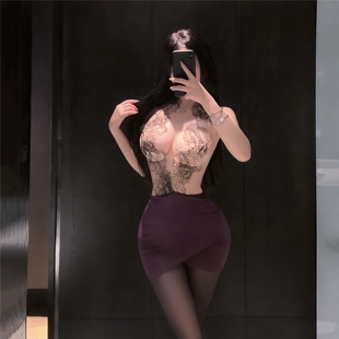 性感纯欲蕾丝饰胸紫色露背OL秘书包臀裙御姐情侣约会制服晴趣qqny