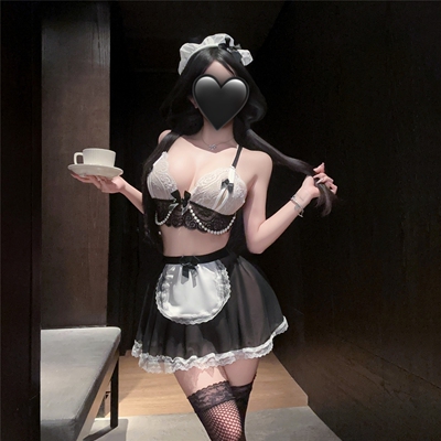 性感纯欲蕾丝透视串珠深v吊带女仆裙cos角色扮演女佣制服晴趣qqny