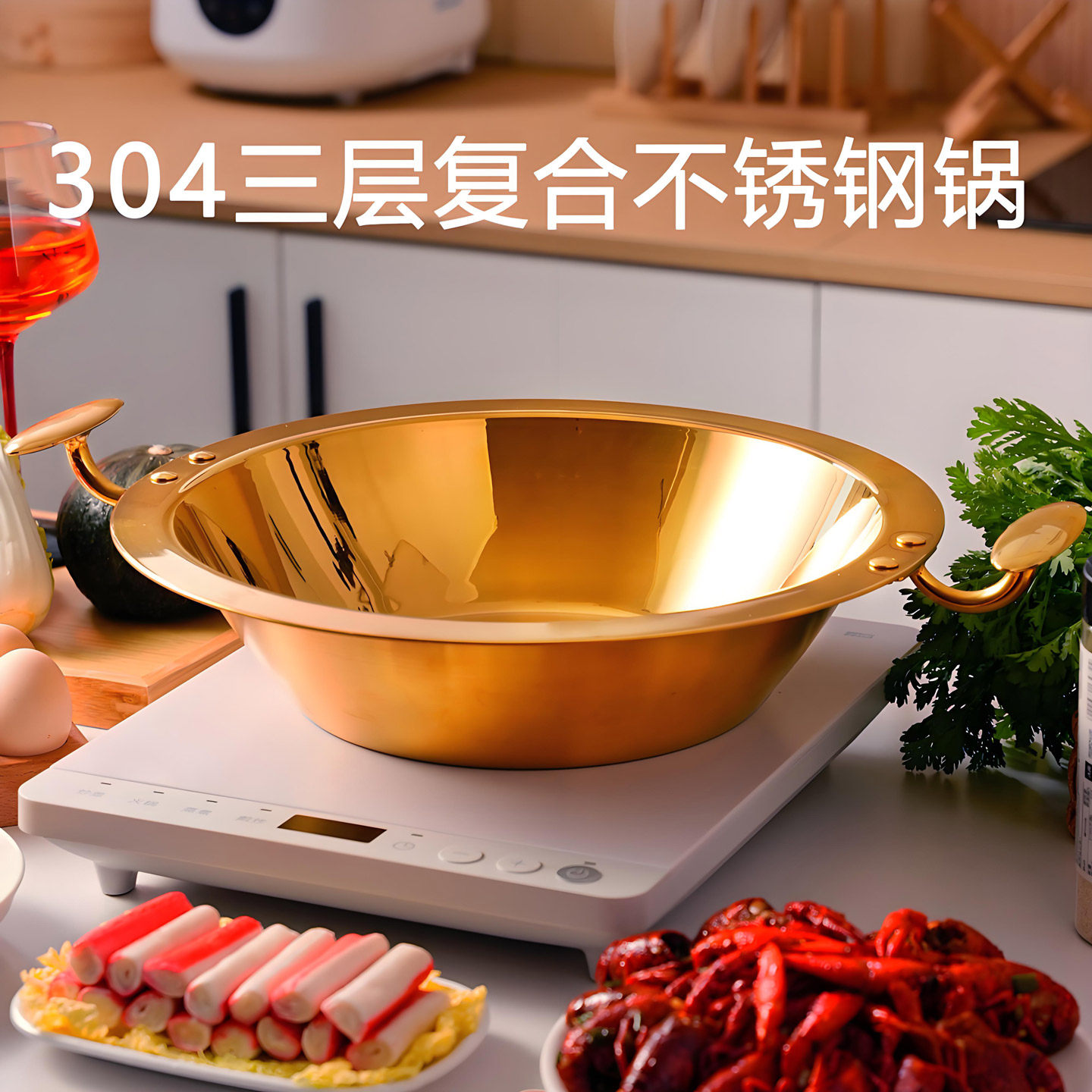 304不锈钢三层钢谭鸭血老火锅同款鸳鸯锅商用平底清汤子母火锅盆