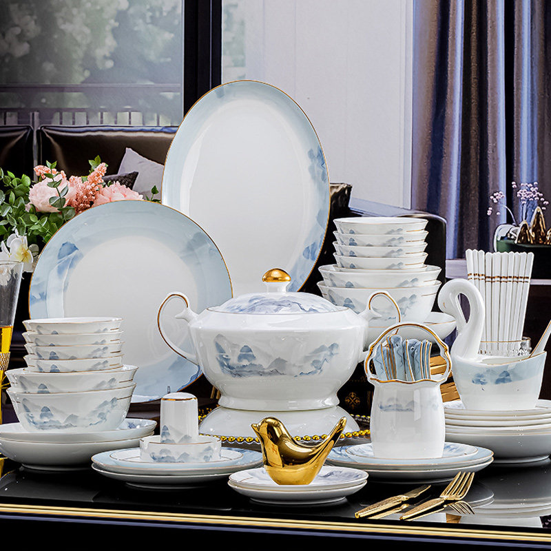 水墨江山景德镇轻奢风碗碟套装家用骨瓷餐具碗筷盘子组合全套礼品