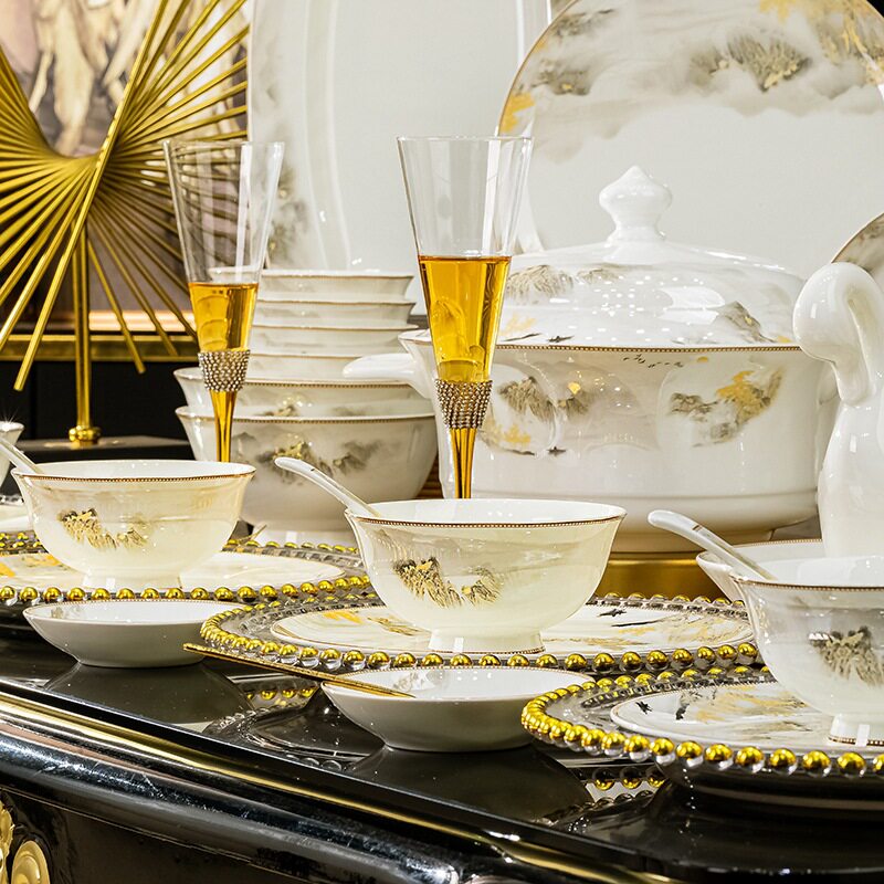 日照景德镇陶瓷餐具碗盘碟子组合全套礼品新中式骨瓷碗筷套装新款