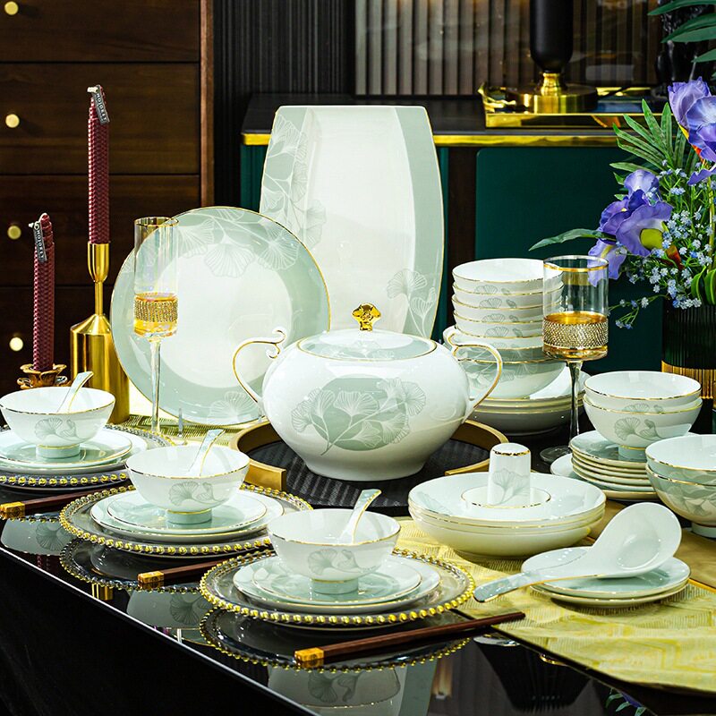 银杏叶景德镇骨瓷餐具碗盘碟组合全套礼品小清晰风碗筷套装乔迁礼