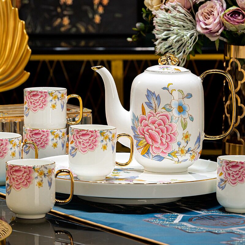 锦上添花水具陶瓷茶杯托盘颜值水杯套装8件套景德镇轻奢骨瓷杯具