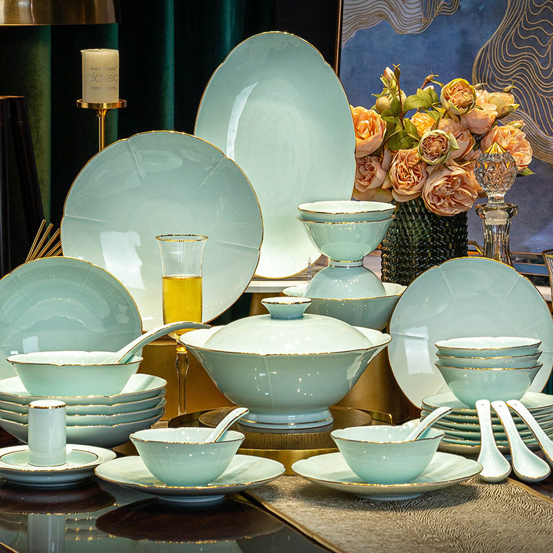 竹编宋青葵口景德镇陶瓷餐具套装中式青瓷乔迁送礼碗碟套装家用款