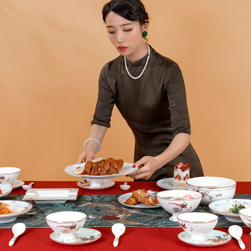 百鸟朝凤奥唯碗碟套装家用景德镇高档中式骨瓷餐具组合创意中国风,餐饮具,餐具瓷器套装,淘宝优惠券,粉丝福利购,淘宝优惠卷