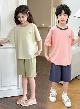 新款薄款儿童家居服套装夏季短袖短裤男女童冰瓷棉圆领休闲两件套