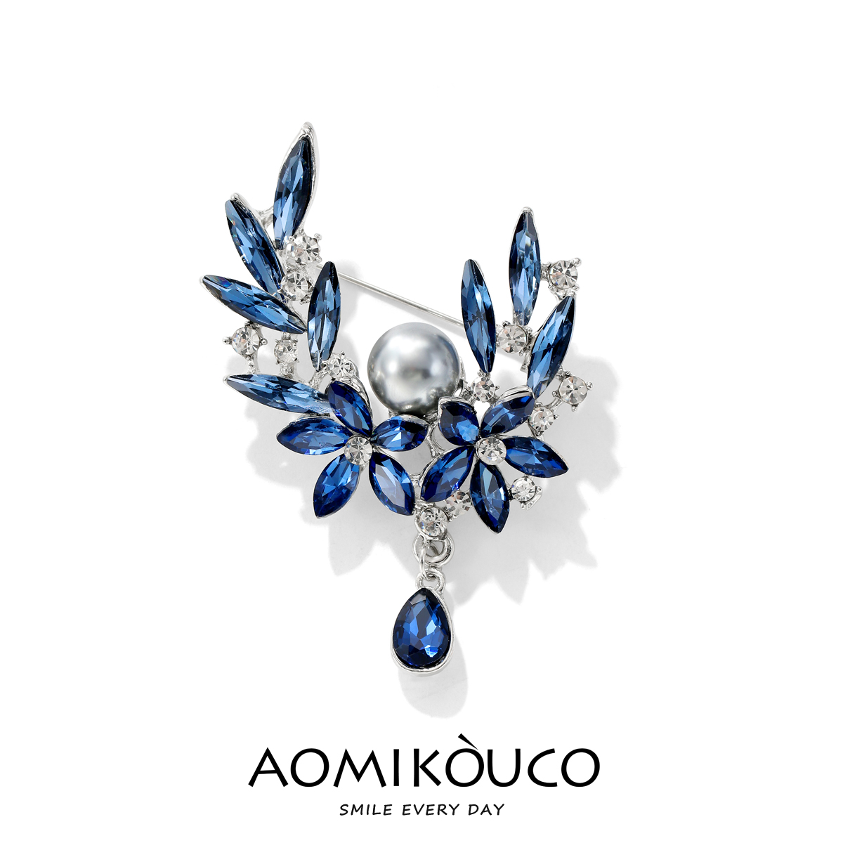 高档蓝色水晶花朵月亮胸针防走光
