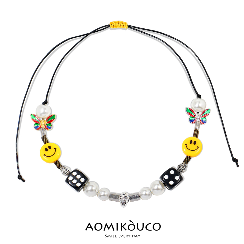 国潮骰子骷髅头笑脸 ins潮同款项链蝴蝶珍珠嘻哈男女情侣饰品礼物