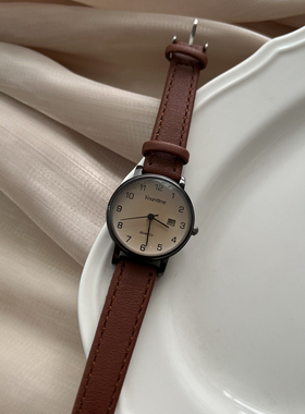 考研考试专用手表女款初高中学生简约气质复古数字日历皮带石英表