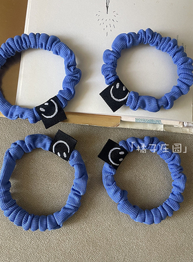 宝石蓝色笑脸标小肠圈不伤发头绳日常扎马尾简约百搭发圈韩系皮筋