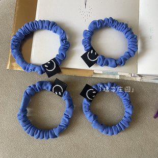 宝石蓝色笑脸标小肠圈不伤发头绳日常扎马尾简约百搭发圈韩系皮筋