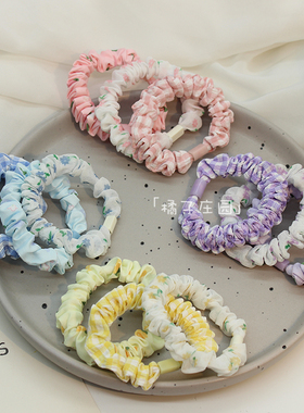 清爽夏日彩色小肠圈3件套经典格子不伤发头绳白色小花纱布发饰品