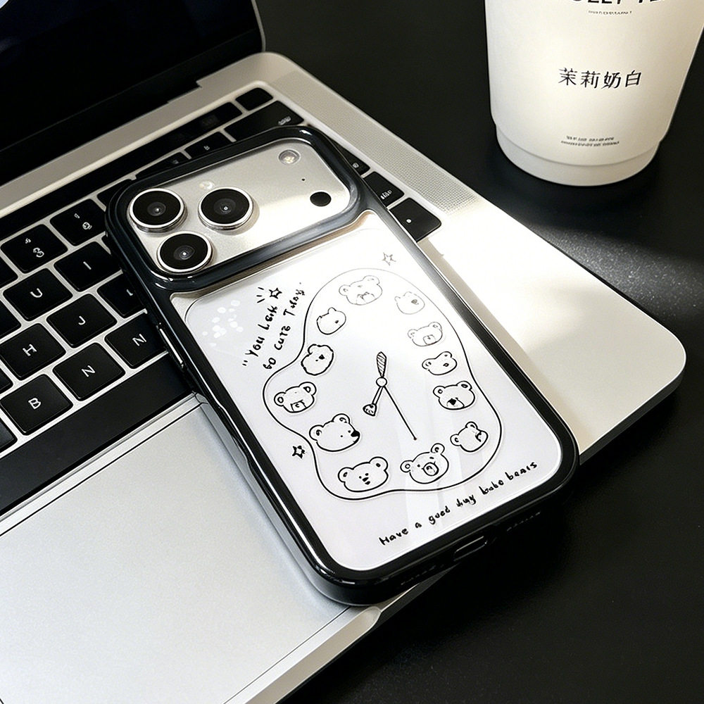 适用于iPhone17Promax黑色熊钟表字母手机壳新款苹果16透明彩绘卡通全包防摔15plus外壳亚力克简约小清新通用
