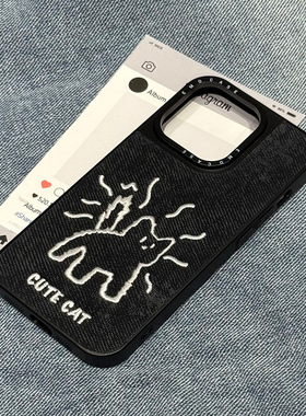 适用于iPhone17Promax刺绣猫手机壳新款苹果16夜光温变创意卡通全包防摔15plus外壳PC简约黑色通用