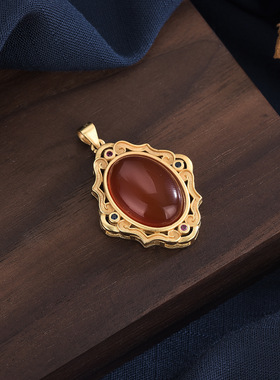 越南沙金吊坠空托宫廷设计复古饰品 可镶嵌和田玉 红玛瑙玉髓旦形