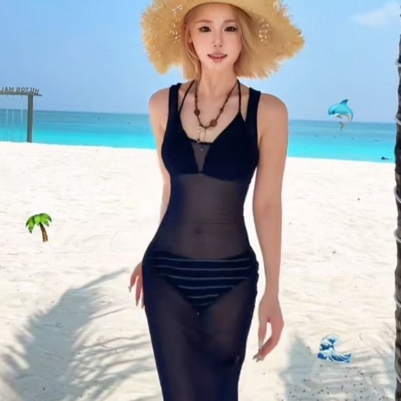 肯豆同款透视背心长裙法式复古度假风分体泳衣女性感显瘦沙滩海岛
