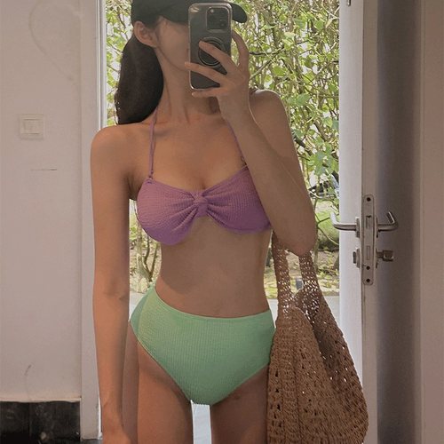 法式高腰拼色显瘦比基尼泳衣女