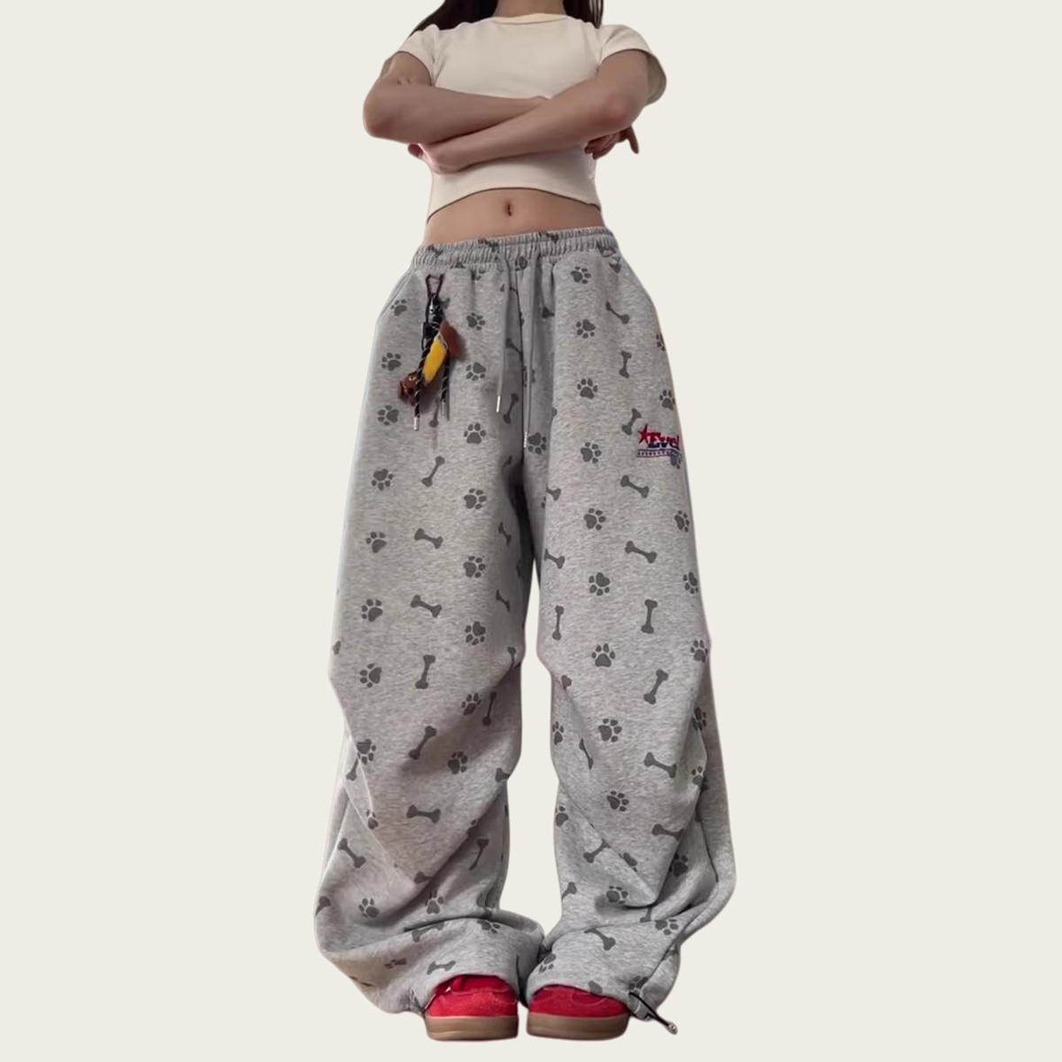 美式小狗挂件满印卫裤女男秋季新款潮牌宽松慵懒风褶皱阔腿休闲裤