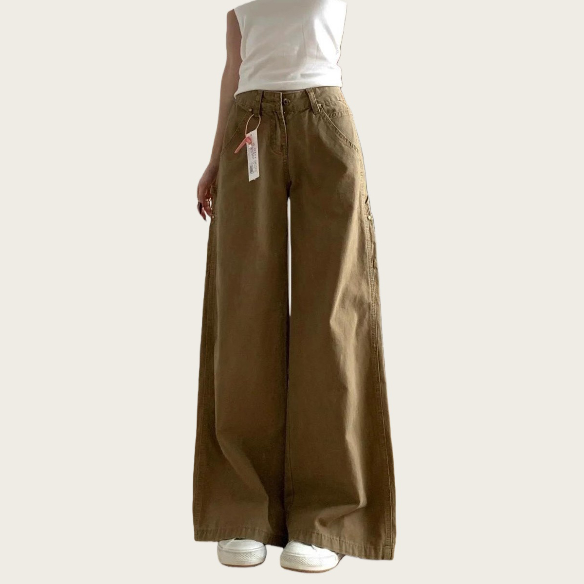 卡其色工装牛仔裤女2025秋季新款高腰直筒宽松显瘦阔腿拖地长裤子