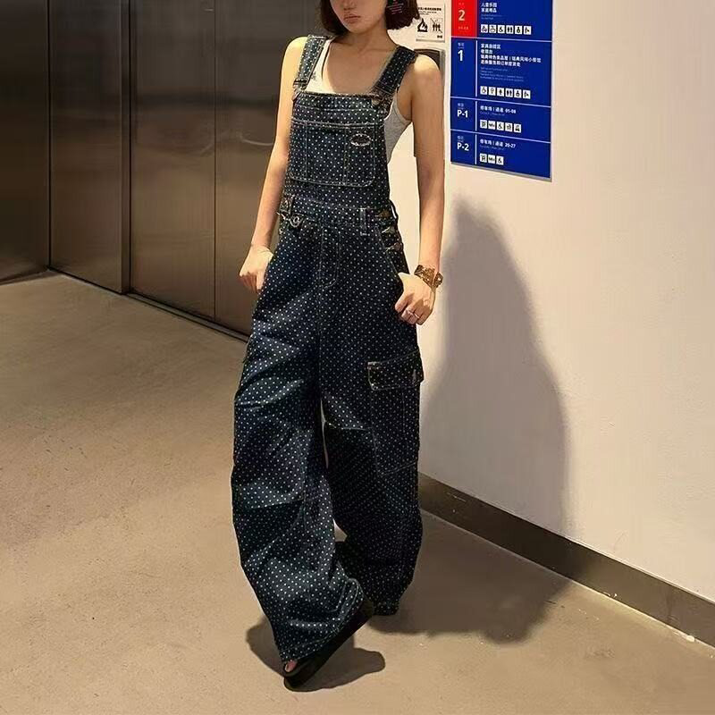 美式复古波点工装背带牛仔裤女春牛仔裤
