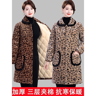 冬季保暖棉服豹纹罩衣女中长款护衣大褂外穿洋气棉衣加绒加厚女装