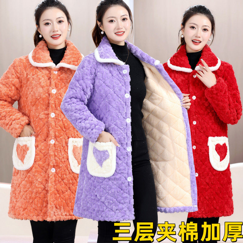 女装大码家居服加绒保暖宽松棉衣中长款夹棉冬季外套罩衣加厚新款