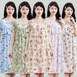 中老年妈妈棉绸睡裙女士绵绸睡衣女老年人夏季纯棉短袖连衣裙女装