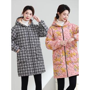 新款女装连帽加绒加厚棉衣外套妈妈中长款棉服保暖大码棉袄罩衣