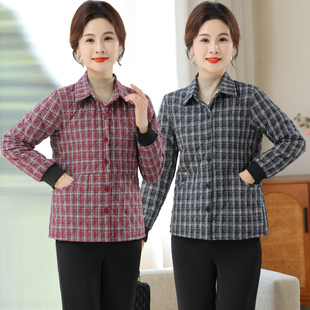 中老年女秋冬轻薄小棉衣短款格子夹棉衬衣外套妈妈装冬季薄款棉服