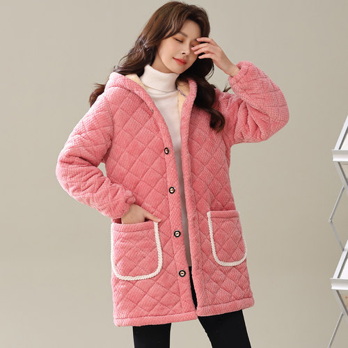 加厚罩衣女冬季加绒加厚保暖工作服三层夹棉家居服中长款棉服外套