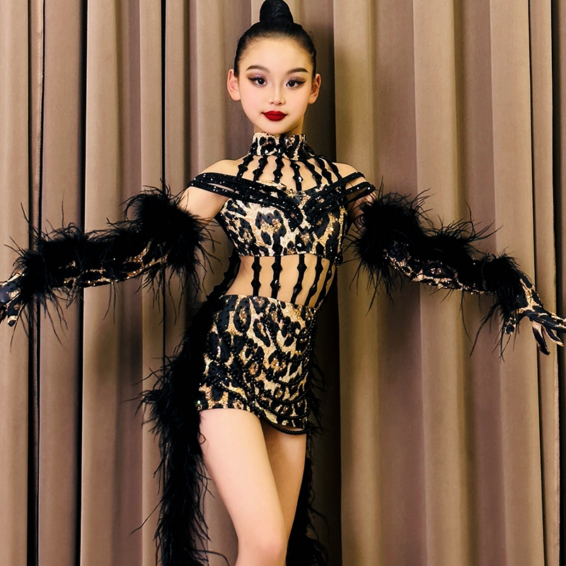 2026新款豹纹拉丁舞比赛花服12岁以上艺考舞蹈裙高级感镶钻羽毛裙